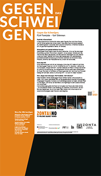 Ausstellungstafel „Gegen das Schweigen“ mit Informationstext und Projektbeschreibung.